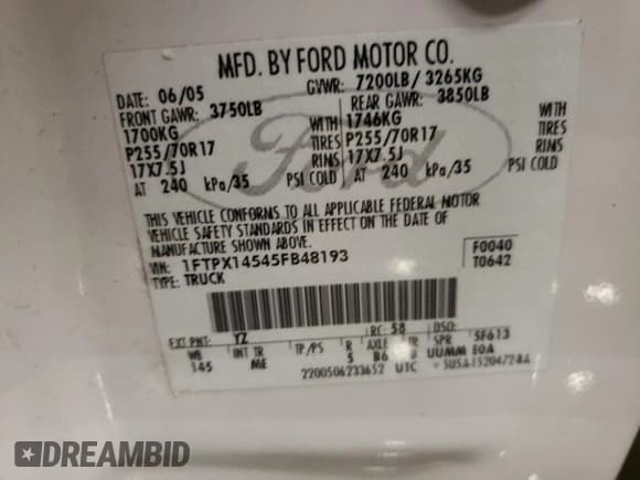 ✅ 2005 Ford F-150 XLT • VIN: 1FTPX14545FB48193 • Lot: 86781104. Listed on Copart with 200,299 mi. Free auction sales archive from the USA and detailed vehicle history report at DreamBid. Image 12.