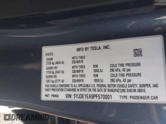 ✅ 2023 Tesla Model 3 • VIN: 5YJ3E1EA9PF570001 • Лот: 43030976. Опубликован ранее на IAAI с пробегом 17 259 миль. Бесплатный доступ к архиву аукционных продаж из США и подробный отчёт об истории автомобиля на DreamBid. Изображение 9.