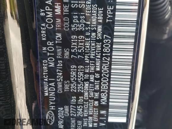 2024 Hyundai Tucson SEL с VIN KM8JBDD20RU218037, выставлен на аукционе Copart как лот 54162505 с пробегом 239 миль миль и Списание • Salvage title. История ставок и продаж доступна на DreamBid. Изображение 13.