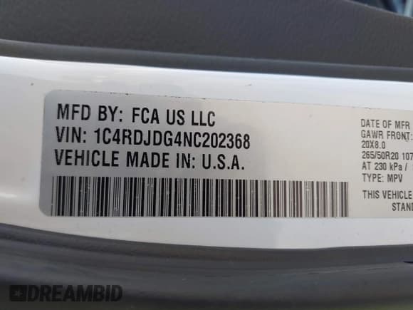 ✅ 2022 Dodge Durango GT Plus • VIN: 1C4RDJDG4NC202368 • Lot: 42743492. Wystawiony na IAAI z przebiegiem Nie podano. Bezpłatny archiwum sprzedaży aukcyjnych z USA i szczegółowy raport historii pojazdu na DreamBid. Zdjęcie 9.