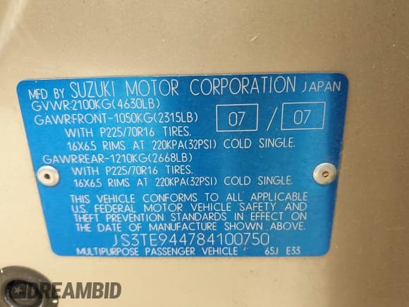 ✅ 2008 Suzuki Grand Vitara XSport • VIN: JS3TE944784100750 • Lot: 42059249. Listed on IAAI with 194,991 mi. Free auction sales archive from the USA and detailed vehicle history report at DreamBid. Image 9.