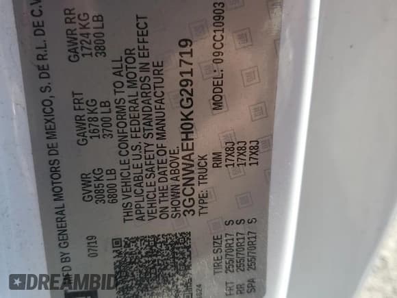 ✅ 2019 Chevrolet Silverado 1500 Work Truck • VIN: 3GCNWAEH0KG291719 • Lot: 69821454. Wystawiony na Copart z przebiegiem 103 079 mil. Bezpłatny archiwum sprzedaży aukcyjnych z USA i szczegółowy raport historii pojazdu na DreamBid. Zdjęcie 12.