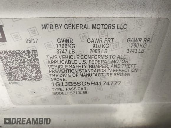 ✅ 2017 Chevrolet Sonic LS • VIN: 1G1JB5SG5H4174777 • Lot: 43215954. Listed on IAAI with 154,486 mi. Free auction sales archive from the USA and detailed vehicle history report at DreamBid. Image 9.