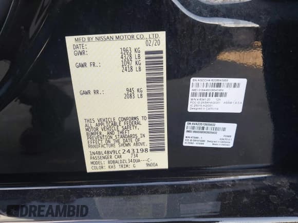 ✅ 2020 Nissan Altima S • VIN: 1N4BL4BV9LC243198 • Lot: 43204236. Listed on IAAI with 73,085 mi. Free auction sales archive from the USA and detailed vehicle history report at DreamBid. Image 9.