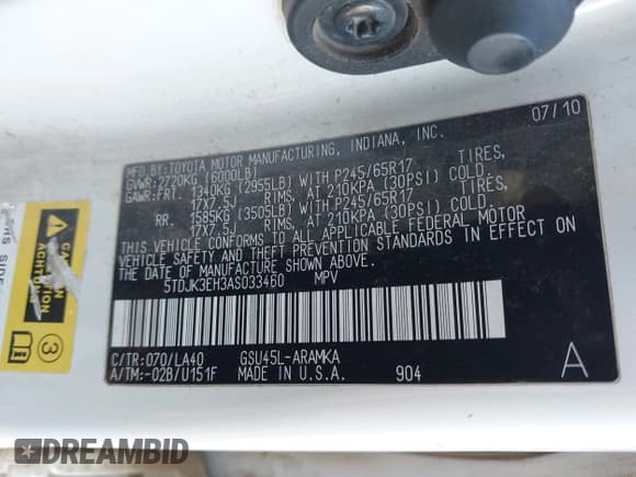 ✅ 2010 Toyota Highlander SE • VIN: 5TDJK3EH3AS033460 • Lot: 43535109. Listed on IAAI with 180,780 mi. Free auction sales archive from the USA and detailed vehicle history report at DreamBid. Image 9.