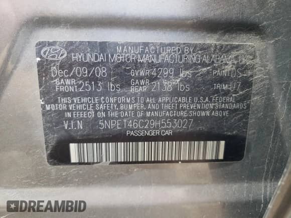 2009 Hyundai Sonata GLS z VIN 5NPET46C29H553027, wystawiony jako Copart lot #67525304 z przebiegiem 187 712 mil mil oraz Szkoda całkowita • Salvage title. Historia ofert i sprzedaży dostępna na DreamBid. Obrazek 12.