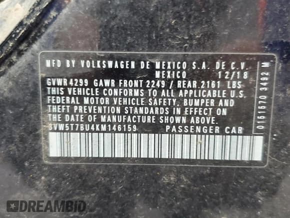 ✅ 2019 Volkswagen Jetta S • VIN: 3VW5T7BU4KM146159 • Lot: 86127115. Listed on Copart with Not provided. Free auction sales archive from the USA and detailed vehicle history report at DreamBid. Image 12.