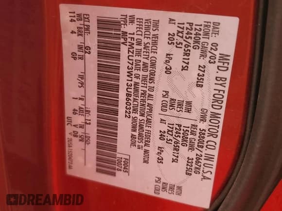 ✅ 2003 Ford Explorer XLT • VIN: 1FMZU73W13UB60322 • Lot: 53304155. Listed on Copart with 170,709 mi. Free auction sales archive from the USA and detailed vehicle history report at DreamBid. Image 13.