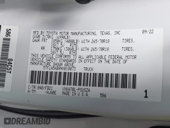 ✅ 2022 Toyota Tundra SR5 • VIN: 5TFLA5AB8NX018073 • Lot: 41782146. Listed on IAAI with 57,053 mi. Free auction sales archive from the USA and detailed vehicle history report at DreamBid. Image 9.