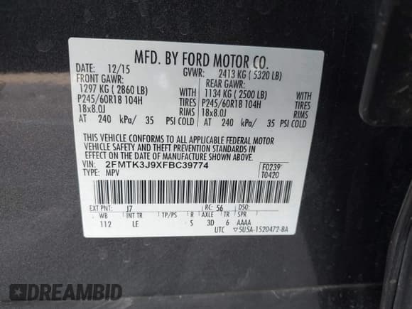 ✅ 2015 Ford Edge SEL • VIN: 2FMTK3J9XFBC39774 • Lot: 43400922. Listed on IAAI with 57,922 mi. Free auction sales archive from the USA and detailed vehicle history report at DreamBid. Image 9.
