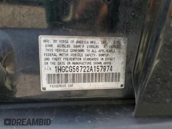 ✅ 2002 Honda Accord SE • VIN: 1HGCG56722A157974 • Lot: 71548755. Listed on Copart with 261,809 mi. Free auction sales archive from the USA and detailed vehicle history report at DreamBid. Image 12.