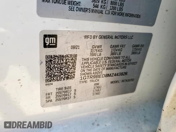 ✅ 2021 GMC Sierra 1500 SLE • VIN: 1GTR9BED8MZ443826 • Лот: 63496105. Опубликован ранее на Copart с пробегом 107 275 миль. Бесплатный доступ к архиву аукционных продаж из США и подробный отчёт об истории автомобиля на DreamBid. Изображение 12.
