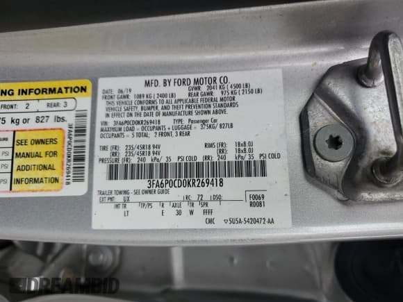 ✅ 2019 Ford Fusion SEL • VIN: 3FA6P0CD0KR269418 • Лот: 91697185. Опубликован ранее на Copart с пробегом 154 130 миль. Бесплатный доступ к архиву аукционных продаж из США и подробный отчёт об истории автомобиля на DreamBid. Изображение 12.