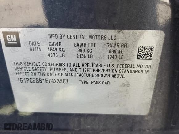 ✅ 2014 Chevrolet Cruze 1LT • VIN: 1G1PC5SB1E7423503 • Лот: 87478125. Опубликован ранее на Copart с пробегом 116 566 миль. Бесплатный доступ к архиву аукционных продаж из США и подробный отчёт об истории автомобиля на DreamBid. Изображение 13.
