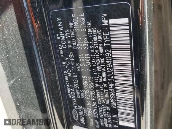 2018 Hyundai Santa Fe SE Ultimate z VIN KM8SR4HF1JU294092, wystawiony jako Copart lot #51320025 z przebiegiem 184 167 mil mil oraz Szkoda całkowita • Salvage title. Historia ofert i sprzedaży dostępna na DreamBid. Obrazek 14.