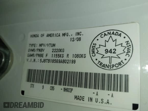 ✅ 2009 Acura RDX Technology • VIN: 5J8TB18569A802199 • Lot: 43608709. Listed on IAAI with 211,647 mi. Free auction sales archive from the USA and detailed vehicle history report at DreamBid. Image 9.