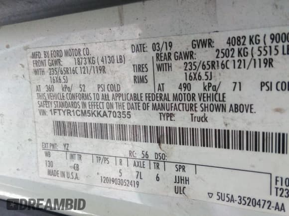 ✅ 2019 Ford Transit • VIN: 1FTYR1CM5KKA70355 • Lot: 41923944. Listed on IAAI with 158,426 mi. Free auction sales archive from the USA and detailed vehicle history report at DreamBid. Image 9.