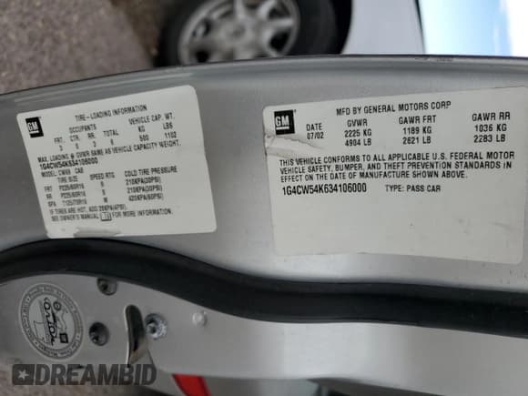 ✅ 2003 Buick Park Avenue • VIN: 1G4CW54K634106000 • Lot: 70776305. Listed on Copart with 192,979 mi. Free auction sales archive from the USA and detailed vehicle history report at DreamBid. Image 12.