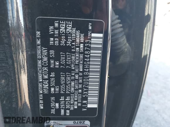 ✅ 2017 Hyundai Santa Fe 2.4L • VIN: 5XYZUDLB4HG448733 • Lot: 43522113. Listed on IAAI with 156,802 mi. Free auction sales archive from the USA and detailed vehicle history report at DreamBid. Image 9.