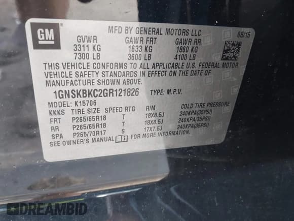 ✅ 2016 Chevrolet Tahoe LT • VIN: 1GNSKBKC2GR121826 • Lot: 42919183. Listed on IAAI with 140,462 mi. Free auction sales archive from the USA and detailed vehicle history report at DreamBid. Image 9.