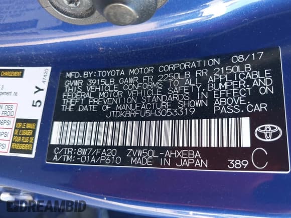 ✅ 2017 Toyota Prius Two • VIN: JTDKBRFU5H3053319 • Lot: 43868989. Listed on IAAI with 111,128 mi. Free auction sales archive from the USA and detailed vehicle history report at DreamBid. Image 9.