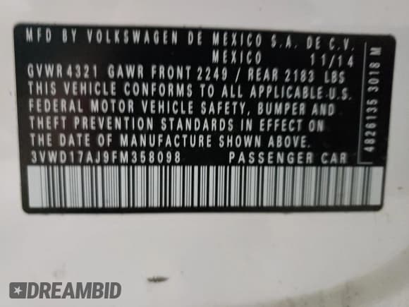 ✅ 2015 Volkswagen Jetta SE • VIN: 3VWD17AJ9FM358098 • Лот: 90448245. Опубликован ранее на Copart с пробегом 165 692 миль. Бесплатный доступ к архиву аукционных продаж из США и подробный отчёт об истории автомобиля на DreamBid. Изображение 12.