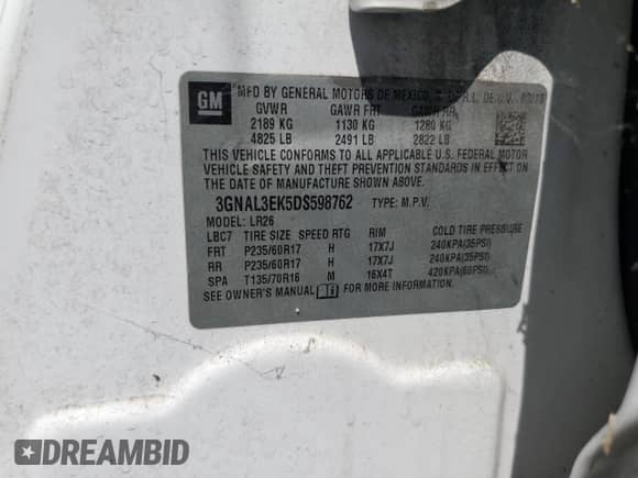 2013 Chevrolet Captiva Sport LT с VIN 3GNAL3EK5DS598762, выставлен на аукционе Copart как лот 68875474 с пробегом 159 131 миль миль и На запчасти • Non repairable. История ставок и продаж доступна на DreamBid. Изображение 13.