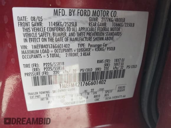 ✅ 2006 Mercury Montego Premier • VIN: 1MEFM42176G601402 • Lot: 43554980. Listed on IAAI with 123,659 mi. Free auction sales archive from the USA and detailed vehicle history report at DreamBid. Image 9.