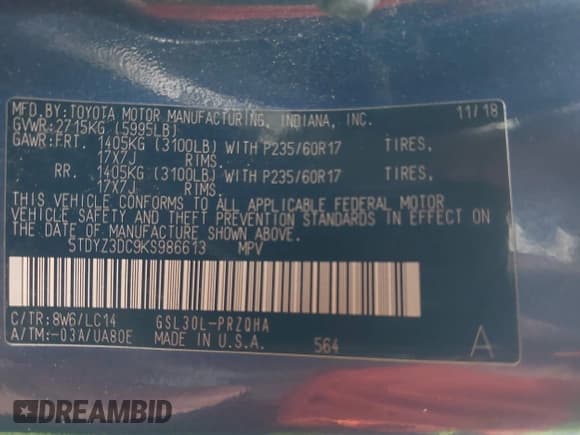 ✅ 2019 Toyota Sienna Limited Premium • VIN: 5TDYZ3DC9KS986613 • Лот: 43707873. Опубликован ранее на IAAI с пробегом 83 085 миль. Бесплатный доступ к архиву аукционных продаж из США и подробный отчёт об истории автомобиля на DreamBid. Изображение 9.