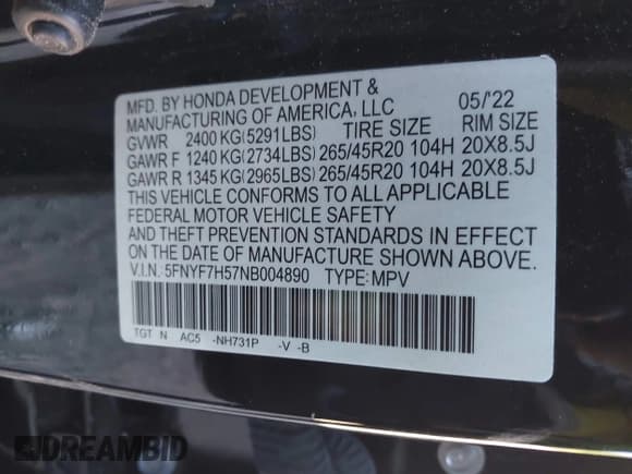 ✅ 2022 Honda Passport EX-L • VIN: 5FNYF7H57NB004890 • Lot: 42032854. Listed on IAAI with 53,642 mi. Free auction sales archive from the USA and detailed vehicle history report at DreamBid. Image 9.