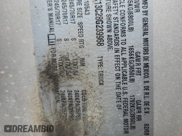 2008 Chevrolet Silverado 1500 LS with VIN 3GCEC13C28G239968, listed as a Copart auction lot 85012505 with Not provided miles and Salvage title. Bid and sale history available at DreamBid. Image 13.