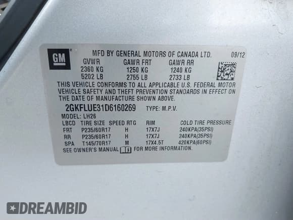 ✅ 2013 GMC Terrain SLT • VIN: 2GKFLUE31D6160269 • Лот: 40938200. Опубликован ранее на IAAI с пробегом 201 060 миль. Бесплатный доступ к архиву аукционных продаж из США и подробный отчёт об истории автомобиля на DreamBid. Изображение 9.