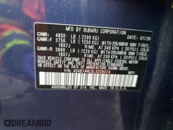 ✅ 2020 Subaru Outback Limited • VIN: 4S4BTANC0L3239474 • Lot: 87266035. Listed on Copart with Not provided. Free auction sales archive from the USA and detailed vehicle history report at DreamBid. Image 12.