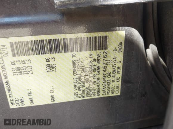 ✅ 2014 Nissan Maxima SV • VIN: 1N4AA5AP4EC462762 • Lot: 43512292. Listed on IAAI with 198,639 mi. Free auction sales archive from the USA and detailed vehicle history report at DreamBid. Image 9.