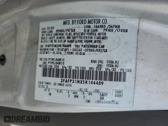 ✅ 2005 Ford Focus S • VIN: 3FAFP31NX5R144489 • Лот: 52928715. Опубликован ранее на Copart с пробегом Не указан. Бесплатный доступ к архиву аукционных продаж из США и подробный отчёт об истории автомобиля на DreamBid. Изображение 13.