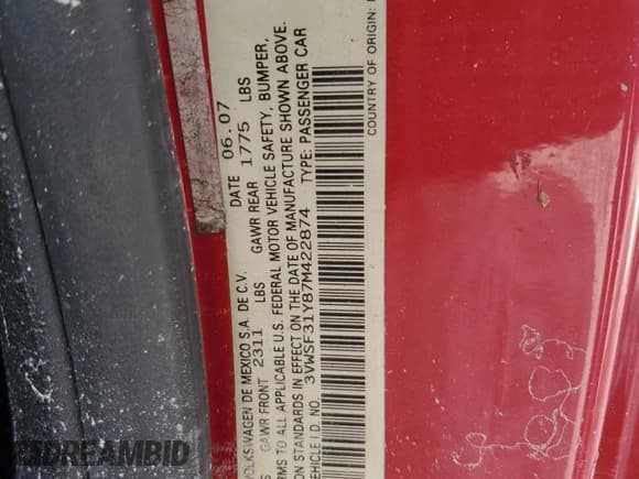 ✅ 2007 Volkswagen Beetle • VIN: 3VWSF31Y87M422874 • Lot: 75094774. Listed on Copart with Not provided. Free auction sales archive from the USA and detailed vehicle history report at DreamBid. Image 13.