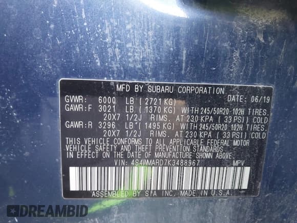 ✅ 2019 Subaru Ascent Touring • VIN: 4S4WMARD7K3488967 • Lot: 43666937. Listed on IAAI with 115,132 mi. Free auction sales archive from the USA and detailed vehicle history report at DreamBid. Image 9.