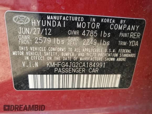 2012 Hyundai Azera z VIN KMHFG4JG2CA184991, wystawiony jako Copart lot #84321844 z przebiegiem Nie podano mil oraz Szkoda całkowita • Salvage title. Historia ofert i sprzedaży dostępna na DreamBid. Obrazek 14.