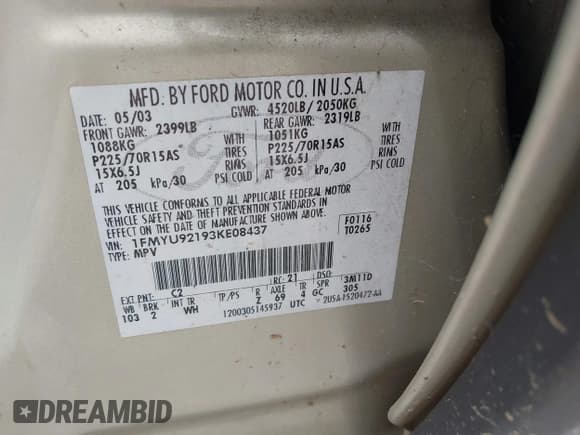 ✅ 2003 Ford Escape XLS Popular • VIN: 1FMYU92193KE08437 • Lot: 42858929. Listed on IAAI with 163,341 mi. Free auction sales archive from the USA and detailed vehicle history report at DreamBid. Image 9.