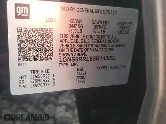 ✅ 2025 Chevrolet Tahoe RST • VIN: 1GNS6RRL6SR145851 • Лот: 82647005. Опубликован ранее на Copart с пробегом 10 784 миль. Бесплатный доступ к архиву аукционных продаж из США и подробный отчёт об истории автомобиля на DreamBid. Изображение 14.