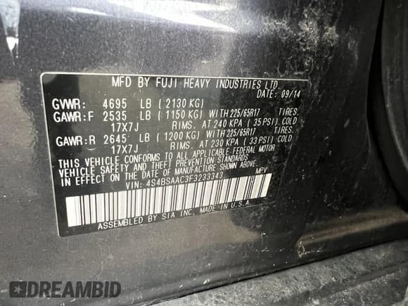 ✅ 2015 Subaru Outback 2.5i • VIN: 4S4BSAAC3F3233343 • Lot: 42093751. Wystawiony na IAAI z przebiegiem 213 995 mil. Bezpłatny archiwum sprzedaży aukcyjnych z USA i szczegółowy raport historii pojazdu na DreamBid. Zdjęcie 8.