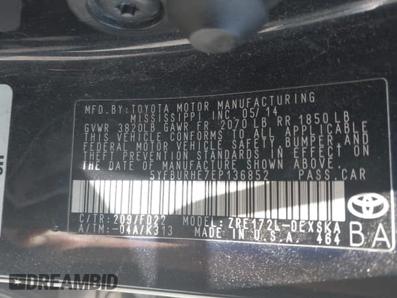 ✅ 2014 Toyota Corolla LE • VIN: 5YFBURHE7EP136852 • Lot: 42587931. Listed on IAAI with 121,659 mi. Free auction sales archive from the USA and detailed vehicle history report at DreamBid. Image 9.