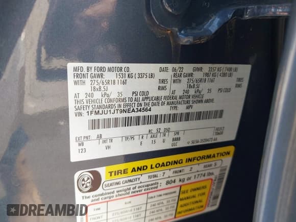 ✅ 2022 Ford Expedition XLT • VIN: 1FMJU1JT9NEA34564 • Lot: 42400035. Listed on IAAI with 19,779 mi. Free auction sales archive from the USA and detailed vehicle history report at DreamBid. Image 9.