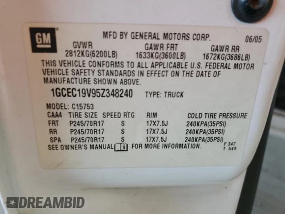 ✅ 2005 Chevrolet Silverado 1500 • VIN: 1GCEC19V95Z348240 • Лот: 56869465. Опубликован ранее на Copart с пробегом 251 012 миль. Бесплатный доступ к архиву аукционных продаж из США и подробный отчёт об истории автомобиля на DreamBid. Изображение 12.