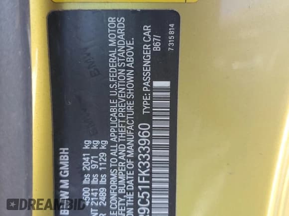 ✅ 2015 BMW M4 • VIN: WBS3R9C51FK333960 • Lot: 69759625. Wystawiony na Copart z przebiegiem 95 816 mil. Bezpłatny archiwum sprzedaży aukcyjnych z USA i szczegółowy raport historii pojazdu na DreamBid. Zdjęcie 12.