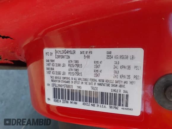 ✅ 2000 Dodge Dakota Sport • VIN: 1B7GL2AX0YS768915 • Lot: 43067037. Listed on IAAI with 154,291 mi. Free auction sales archive from the USA and detailed vehicle history report at DreamBid. Image 9.