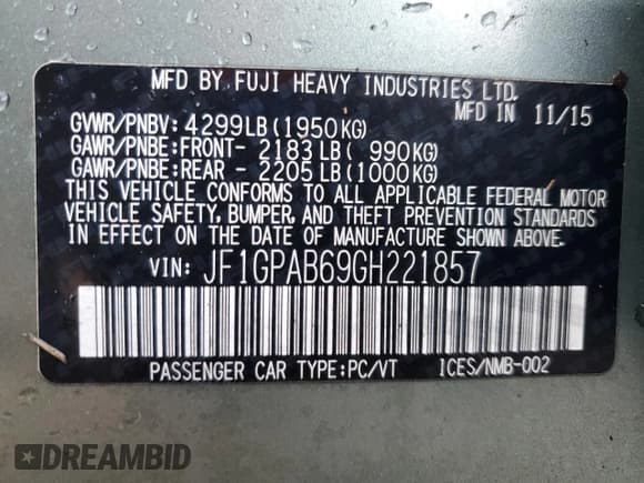 ✅ 2016 Subaru Impreza Premium • VIN: JF1GPAB69GH221857 • Lot: 90944555. Listed on Copart with 124,650 mi. Free auction sales archive from the USA and detailed vehicle history report at DreamBid. Image 12.