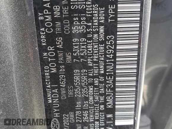 ✅ 2022 Hyundai Tucson XRT • VIN: KM8JF3AE1NU149253 • Lot: 92057185. Listed on Copart with 39,398 mi. Free auction sales archive from the USA and detailed vehicle history report at DreamBid. Image 13.