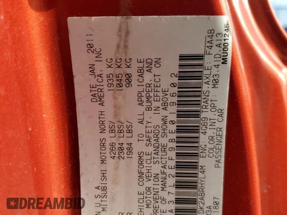 ✅ 2011 Mitsubishi Eclipse GS Sport • VIN: 4A37L2EF9BE019602 • Lot: 53937675. Listed on Copart with 113,857 mi. Free auction sales archive from the USA and detailed vehicle history report at DreamBid. Image 12.