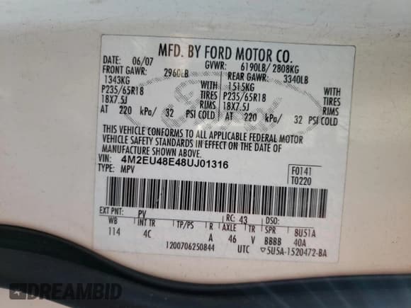 ✅ 2008 Mercury Mountaineer Premier • VIN: 4M2EU48E48UJ01316 • Lot: 66513405. Listed on Copart with 116,409 mi. Free auction sales archive from the USA and detailed vehicle history report at DreamBid. Image 13.